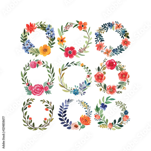 Floral Spring Wreath illustration Clipart on a white Background