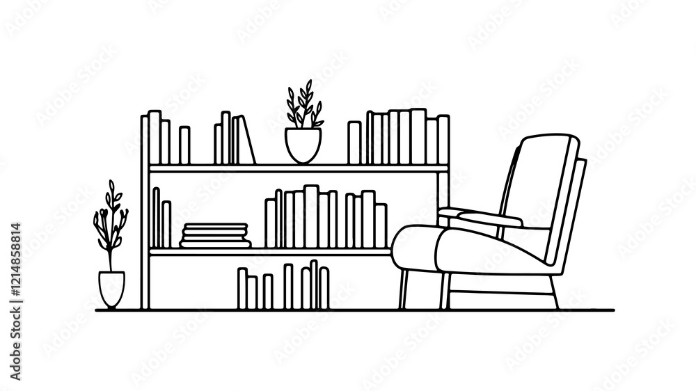 Naklejka premium Bookshelf books home decor. Modern armchair living room furniture. Plants pot home interior design. Cozy reading nook simple line art minimalist illustration. Home office workspace.