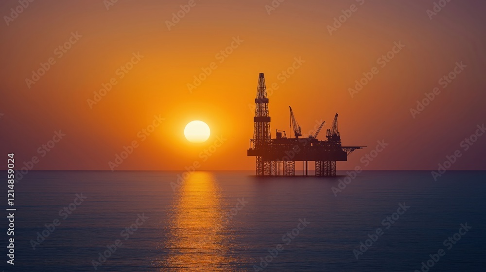 Fototapeta premium Sunset view shows oil rig silhouette in calm sea. Industrial offshore energy platform stands still. Sunrise sunset paints sky warm orange, purple hues. Ocean water reflects golden light. Offshore
