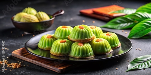 Delicious Malaysian Kuih Bahulu Cake on Black Plate - Stock Photo photo