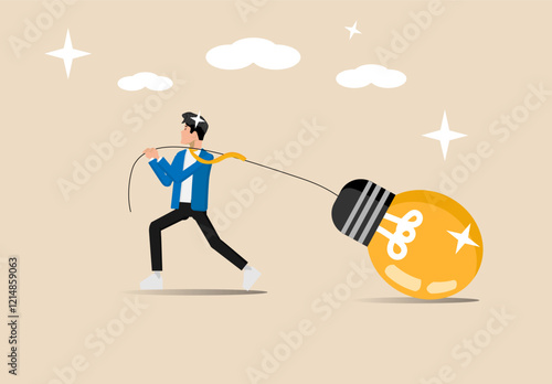 Big business idea, a man pulling an innovative idea or inspiration lights to start a new business, effort, or inspiration for a creative idea concept, an ambitious businessman working hard.