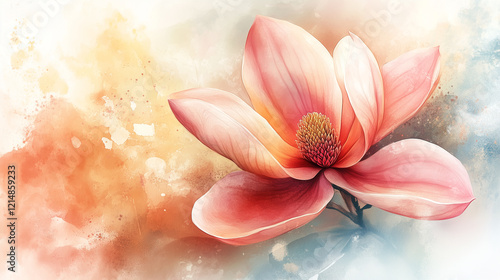 Watercolor painting of a pink magnolia flower on a pastel background, digital art with brush strokes and a soft color palette