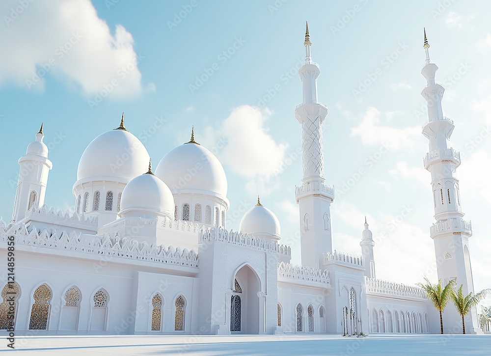 Obraz premium A white mosque with minarets and domes in Abu Dhabi, photo-realistic, stock photography, sunny day, blue sky, wide-angle, low camera position, white walls, white dome roof, photo realism, professional