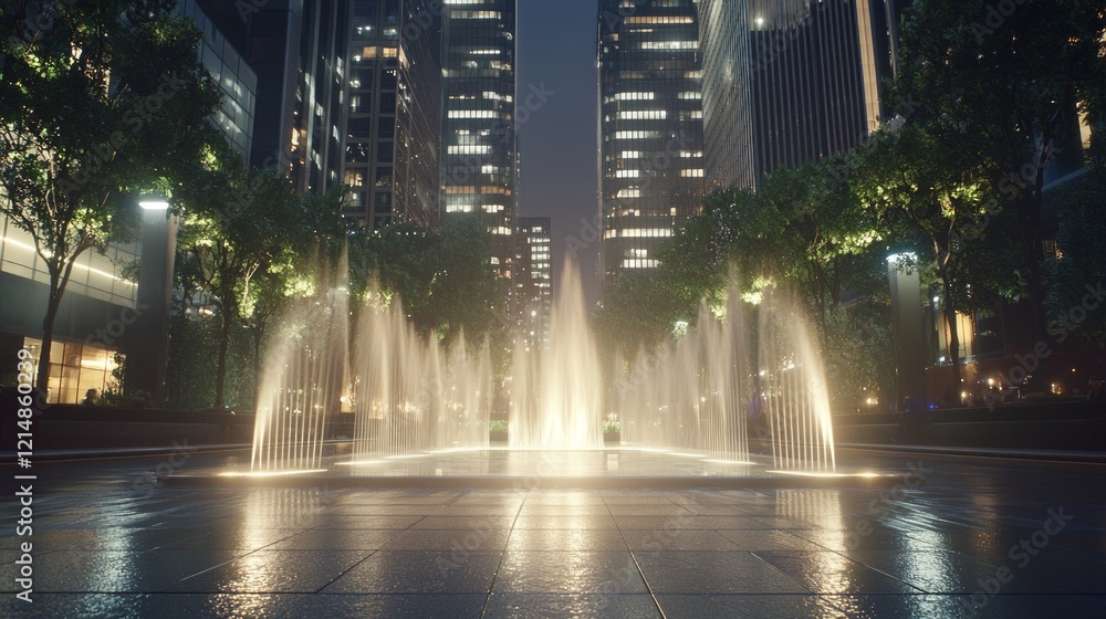 Obraz premium Glowing Fountain Ballet: Majestic Water Jets in Plaza with Towering High-Rises - Ultra-Detailed Cinematic Image