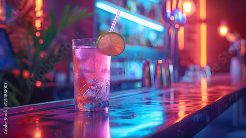 Pink Cocktail Sits on Bar w...
