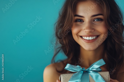 Cheerful woman with a bright smile holding a present wrapped with a blue ribbon. Generated AI photo