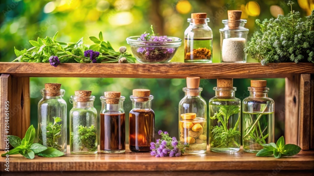 Aromatherapy bottles on wooden shelf, various glass bottles with essential oils and herbs, natural Aromatherapy bottles on wooden shelf, various glass bottles with essential oils and herbs, natural