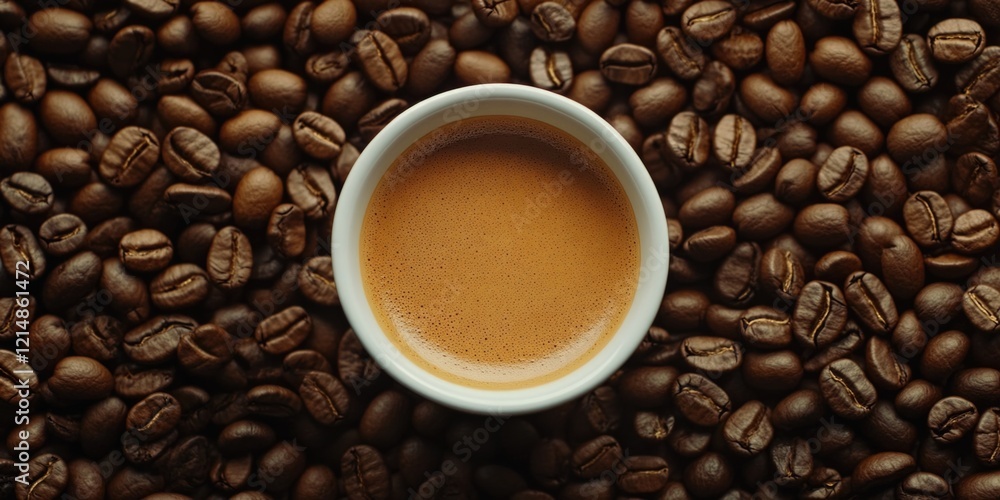 Fototapeta premium A single shot of espresso coffee in a white cup, surrounded by whole coffee beans.