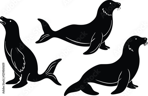 a group of sea lions in black silhouette on white background vector art illustration