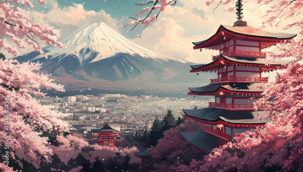 Fototapeta premium Mount Fuji with cherry blossoms and traditional Japanese architecture in the foreground