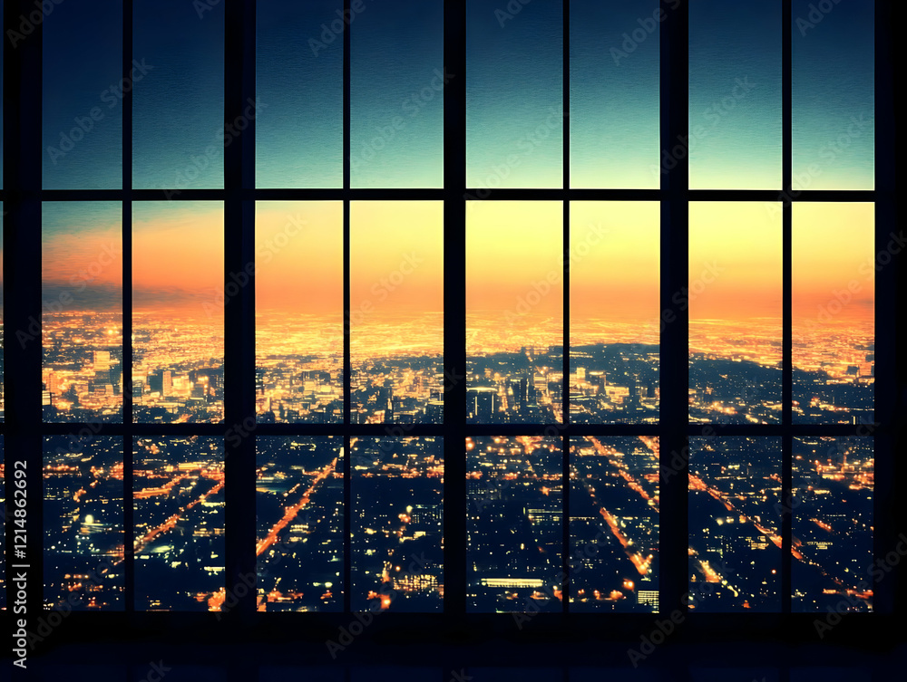 Fototapeta premium Cityscape View Through Windowpanes Shows Illuminated Urban Area at Sunset from High Vantage Point