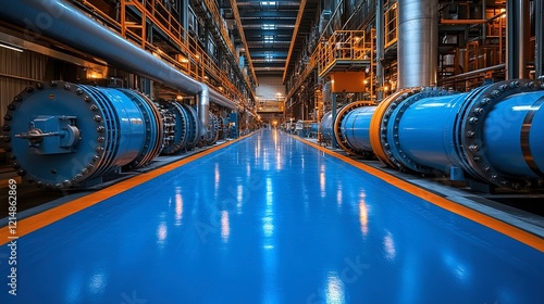 Industrial Facility Showing Large Blue Pipes And Walkway photo