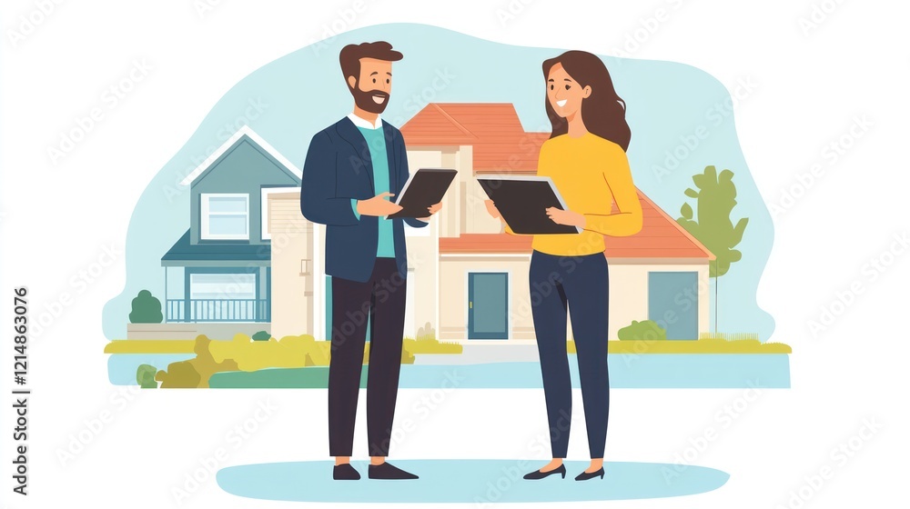 Real estate agents discussing property details in front of two houses with blue sky background Real estate agents discussing property details in front of two houses with blue sky background