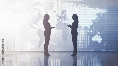 silhouette of two female CEO discussion, on the background is world map in white imposed with graphs of sales photo