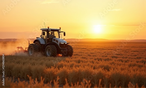 Fototapeta Naklejka Na Ścianę i Meble -  Tractor in golden wheat field at sunset with dusty trails and scenic horizon