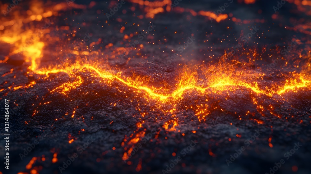 Fiery Embers Glow Brightly Across Dark Ground Fiery Embers Glow Brightly Across Dark Ground