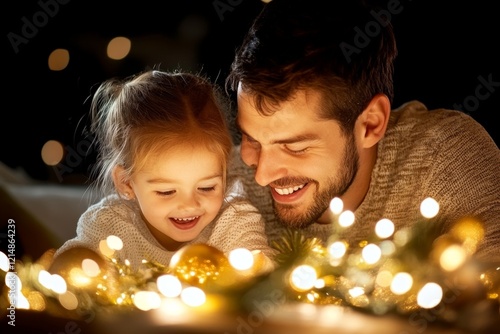 A family decorating a Christmas tree together, with bright lights, ornaments, and laughter filling the room photo