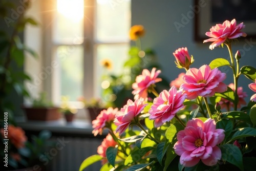 Sunlight streaming through window onto blooming flowers, appreciation, energy