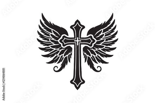 cross with angel wings silhouette vector Illustration on white background