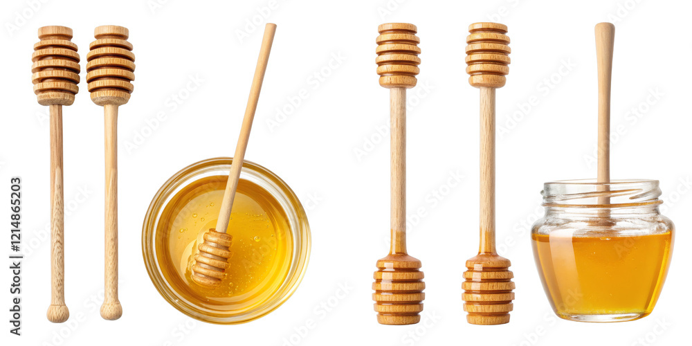Honey Dippers and Honey Jar Composition Five Wooden Honey Dippers and Honey in a Jar, Isolated on Transparent Background, Honeycomb Design, Sweet Food, Honey, Dipper Honey Dippers and Honey Jar Composition Five Wooden Honey Dippers and Honey in a Jar, Isolated on Transparent Background, Honeycomb Design, Sweet Food, Honey, Dipper