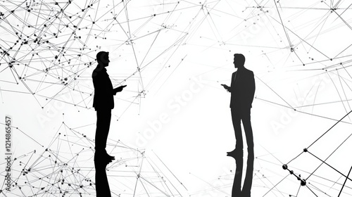 silhouette of two male CEO discussion, imposed with white data visualization shapes and lines photo