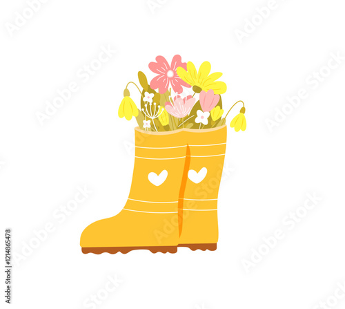 Cute rubber boots with spring flowers vector isolated on white background. Beautiful floral spring composition. Hand drawn flat cartoon style