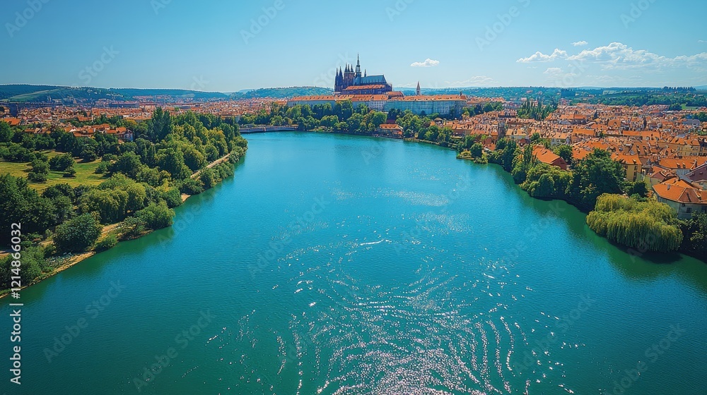 Fototapeta premium Prague Castle aerial view, Vltava River, summer, tourism