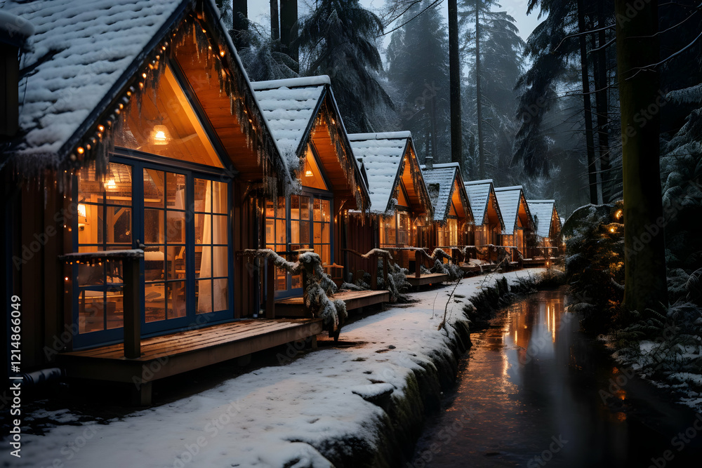 Fototapeta premium Cozy Wooden Cabins Glow Warmly Along a Snowy Stream in a Winter Wonderland