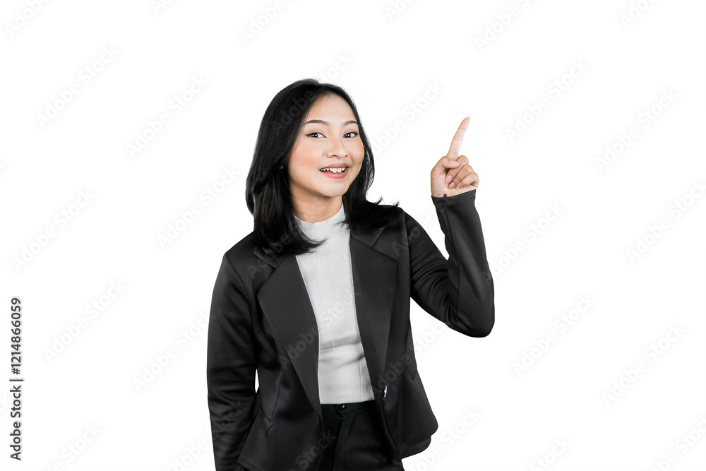 Smiling Businesswoman Pointing Up in Black Blazer on White Background Smiling Businesswoman Pointing Up in Black Blazer on White Background