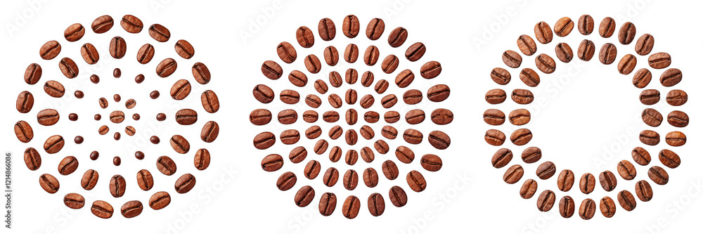 Obraz premium Three Coffee Bean Arrangements Oval, Mandala, and Circle, Isolated on Transparent Background, Coffee Beans, Roasting, Pattern, coffee, beans, design