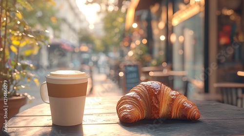 A croissant and coffee on an outdoor cafe table. photo