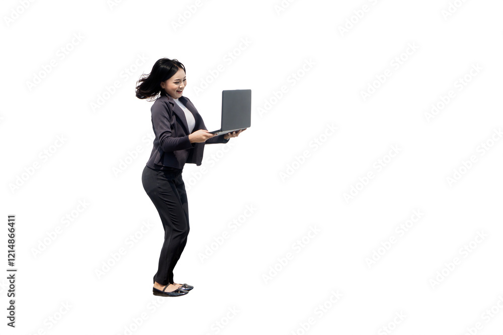 Happy Businesswoman Holding Laptop in Dynamic Pose Isolated on White Background Happy Businesswoman Holding Laptop in Dynamic Pose Isolated on White Background