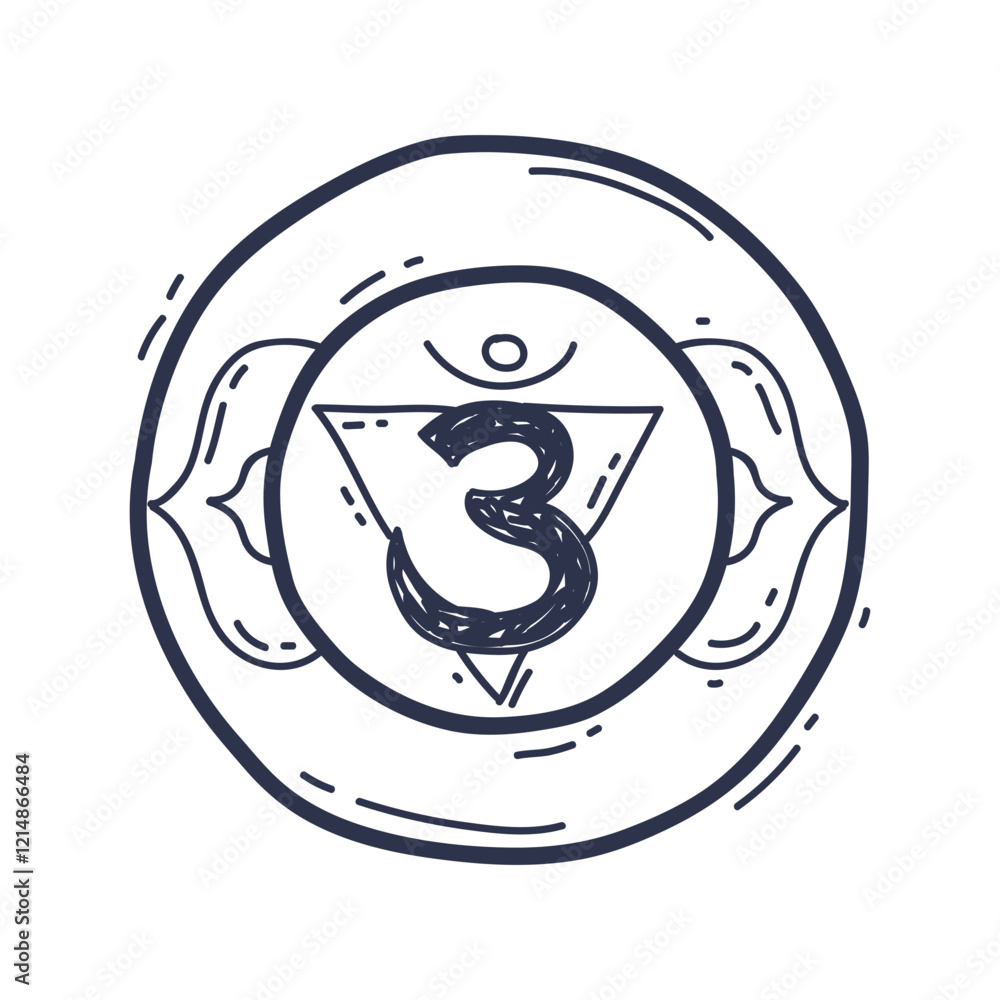 Ajna chakra symbol with a triangle and number three, representing intuition and insight. Ajna chakra symbol with a triangle and number three, representing intuition and insight.