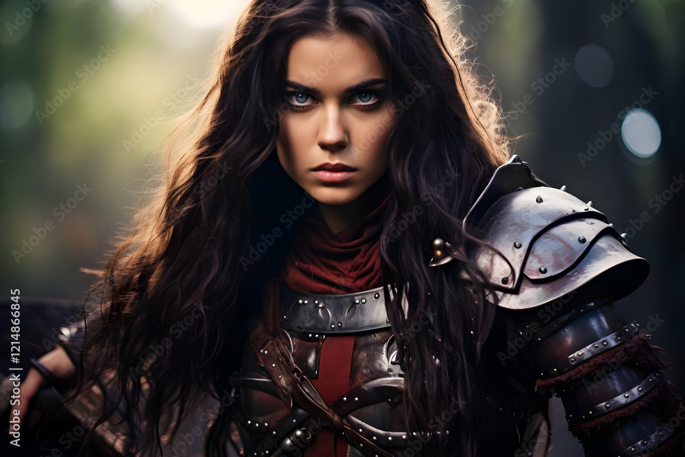 Obraz premium Warrior Woman Stands Guard in Forest, Wearing Leather and Metal Armor