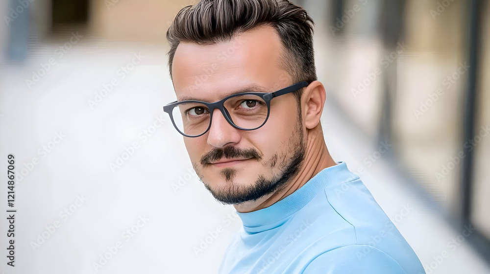 Fototapeta premium Portrait of a Man Wearing Glasses and a Light Blue Shirt Looking Directly at the Camera