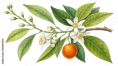 Watercolor Orange Blossom Branch with Fruit, Isolated on Transparent Background, Botanical Illustration, Floral Design, Orange Blossom, Botanical Painting, Citrus Fruit