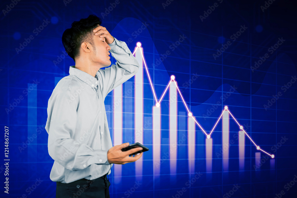 Frustrated Businessman with Declining Stock Market Graph in Background Frustrated Businessman with Declining Stock Market Graph in Background