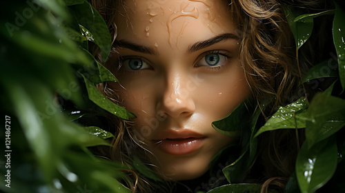Woman with Wet Face Gazes f...