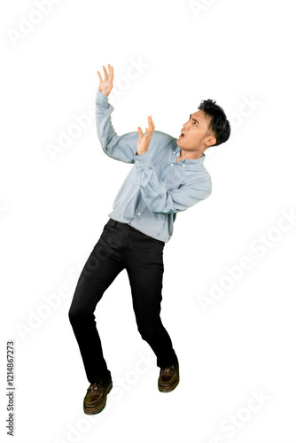 Full Body Shot of a Shocked Man Reacting with Fear and Surprise