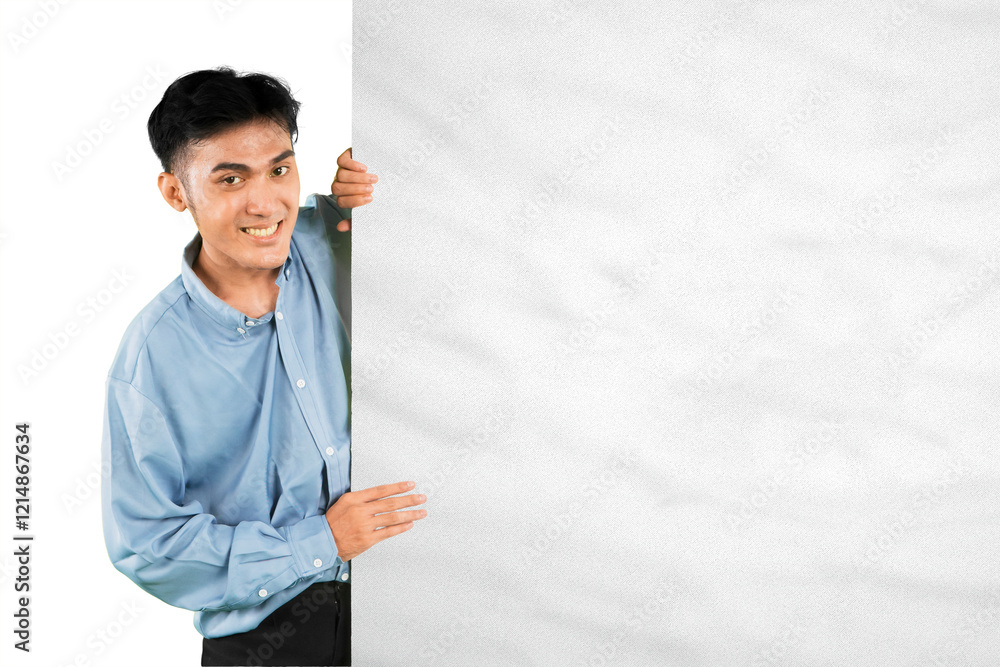 Smiling Businessman Peeking from Behind a Blank White Board, Isolated on White Background Smiling Businessman Peeking from Behind a Blank White Board, Isolated on White Background
