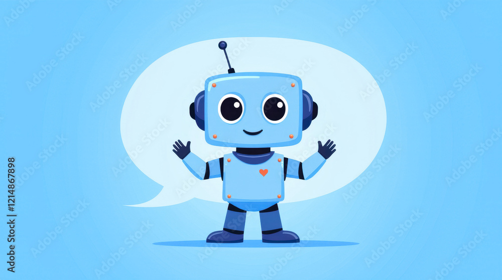 Cute blue robot with antenna and heart in speech bubble background Cute blue robot with antenna and heart in speech bubble background