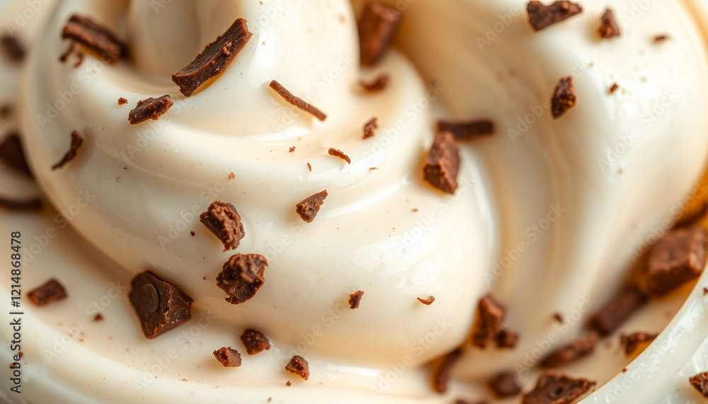 Fototapeta premium Creamy dessert topped with chocolate shavings, ice cream