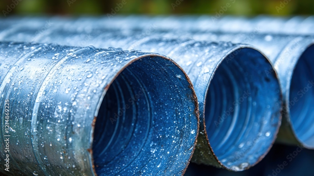 Wet metal pipes outdoors, construction site background Wet metal pipes outdoors, construction site background