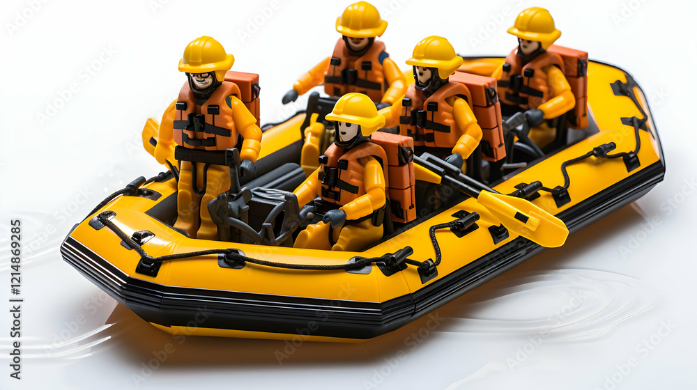 Naklejka premium Rescue Team Figurines Navigate an Inflatable Boat on Simulated Water