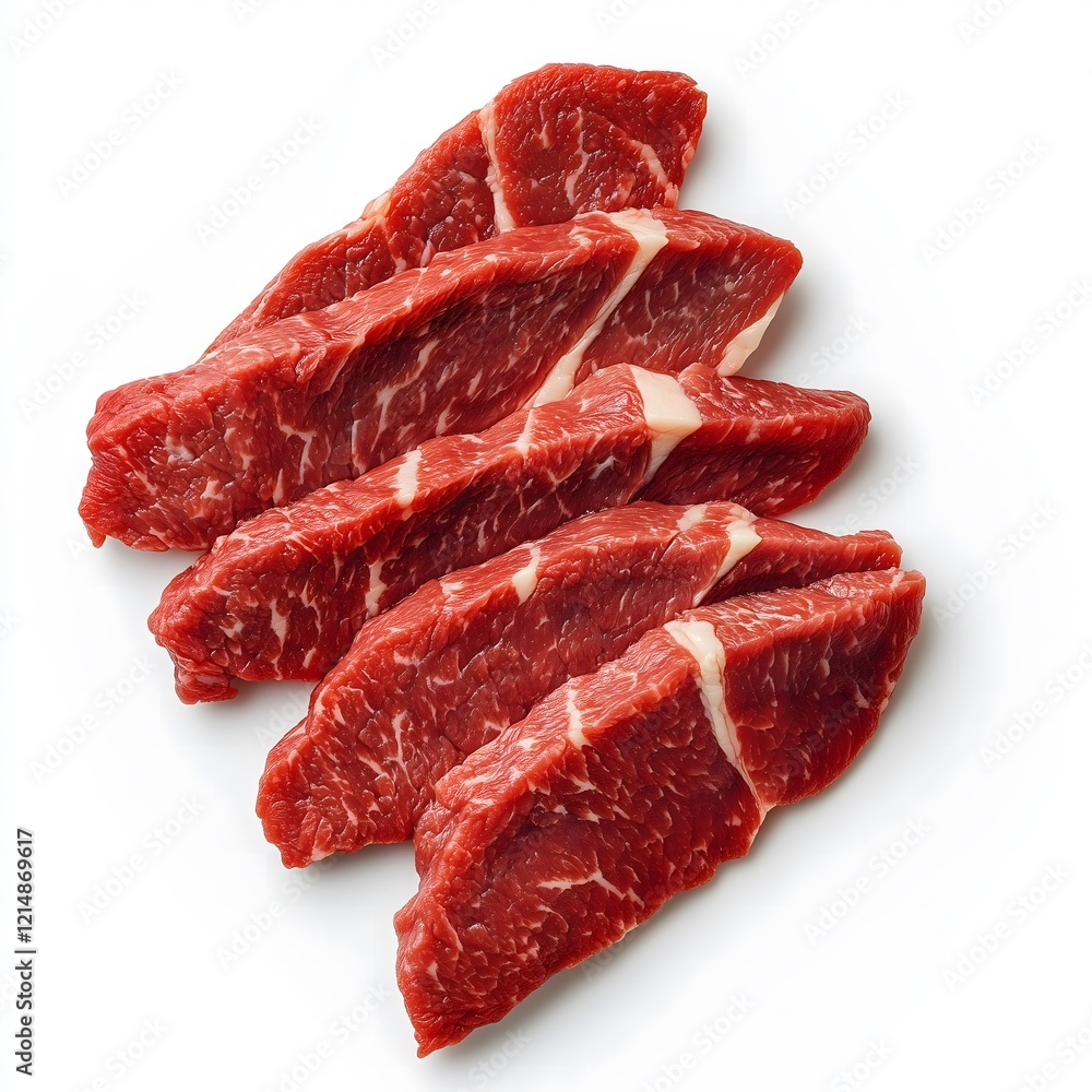 Slices of Raw Beef Steak Arranged in a Fan Shape on White Background