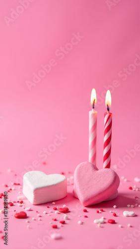 Photo of heart shaped marshmallow candles and sprinkles on pink background with copyspace. Valentine's Day concept. Vertical photo	