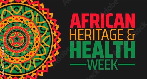 African Heritage and Health Week mandala background banner or poster design template. observed every year in February. Holiday concept. Use to any Template, card, poster, placard, template.