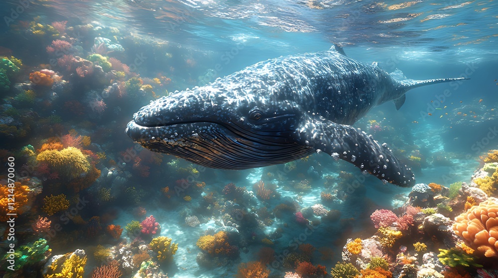 Fototapeta premium Whale swimming coral reef sunlight ocean wildlife documentary
