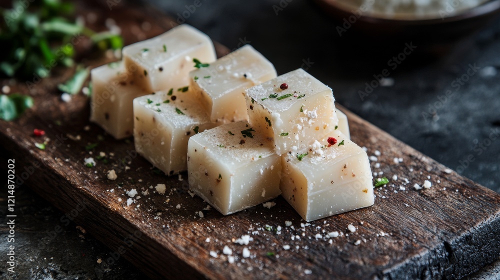 Indoor photo of cheese on a wooden cutting board, cheese has been cut into several pieces Indoor photo of cheese on a wooden cutting board, cheese has been cut into several pieces