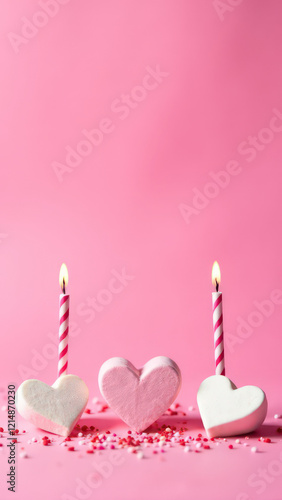 Photo of heart shaped marshmallow candles and sprinkles on pink background with copyspace. Valentine's Day concept. Vertical photo	